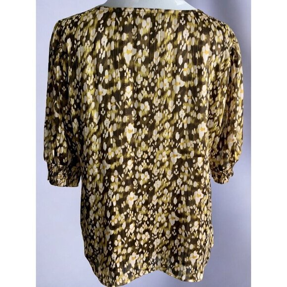 Rachel Zoe Brown Gold Metallic Abstract VNeck Lined Blouse Quarter Sleeves Large - Picture 5 of 7